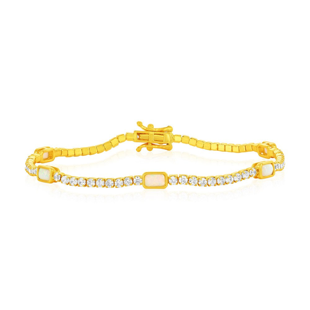 Sterling Silver Gold Plated Rectangle Opal and Cubic Zirconia Bracelet 7.5"