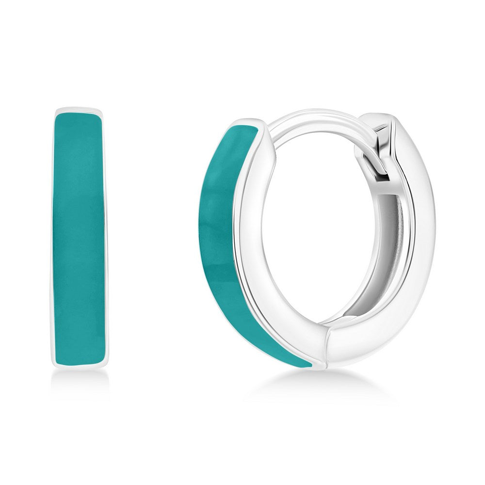 Silver 11mm Turquoise Enamel Huggie Hoop Earrings