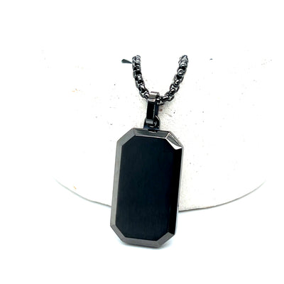 Stainless Steel Gunmetal-IP Brushed and Polished Octagon Dog Tag Necklace 22"