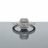 White Gold Diamond Emerald-Shaped Composite Setting Halo Bridal Engagement Ring