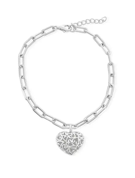 Sterling Silver Puffed Heart, Rope & Polished Paperclip Bracelet